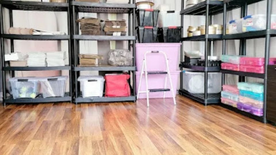 Storage shelf with bins Dumpster Rental - My Dump Express